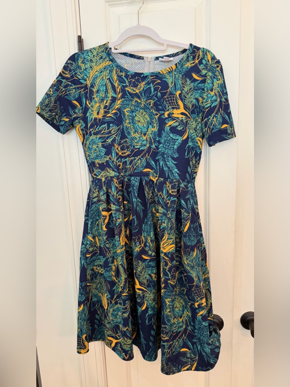 LuLaRoe Navy Dress with Teal and Yellow Floral Print Amelia sz medium